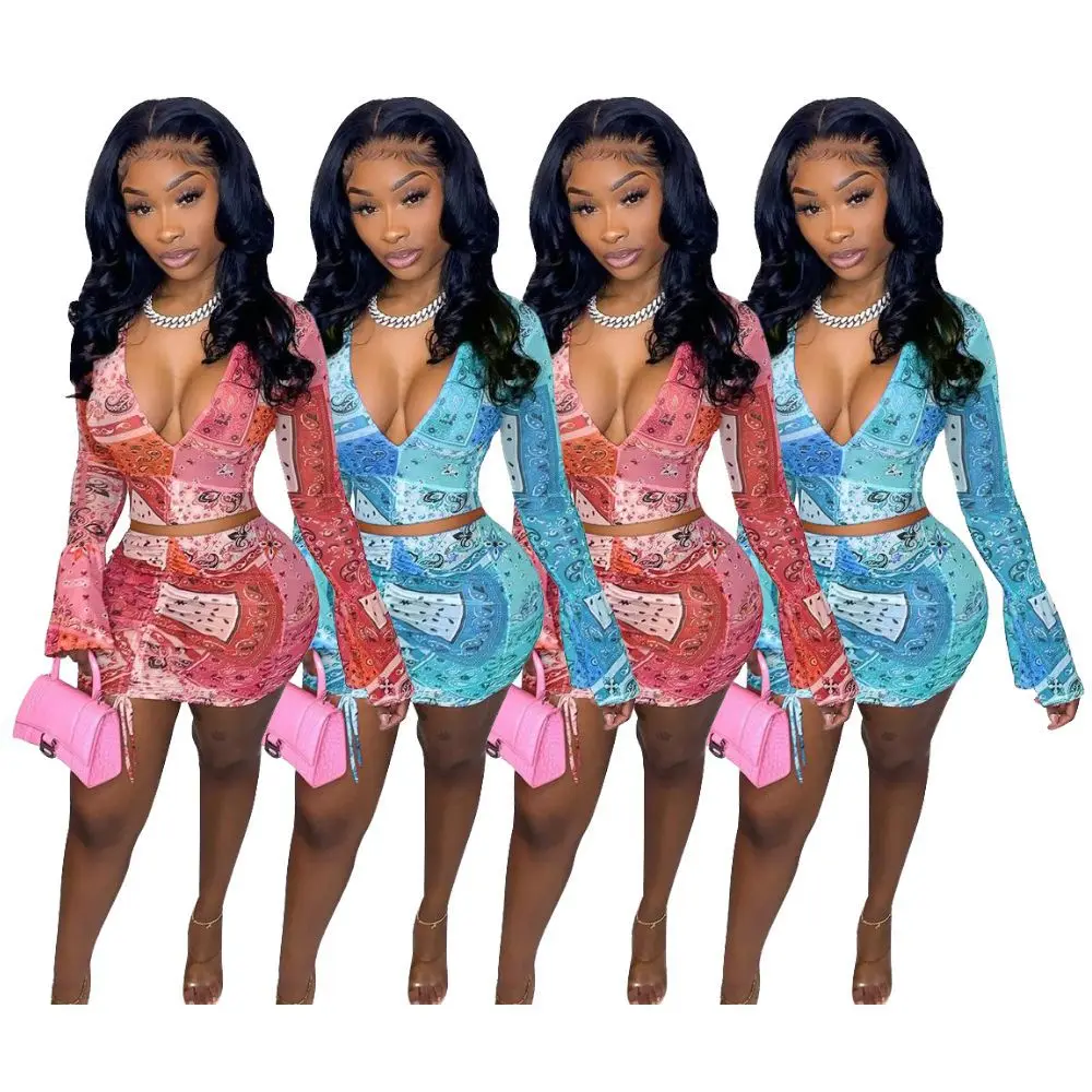 

A8106 Wholesale autumn fashion flared sleeve women outfits bodycon v neck women sets skirt two piece set women clothing