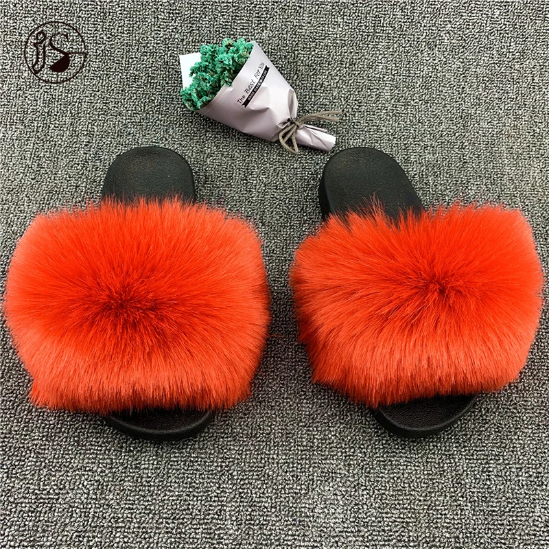 

2021 Faux fox fur slides New design fashion slippers Good Quality Comfort slippers with flat bottom, Picture