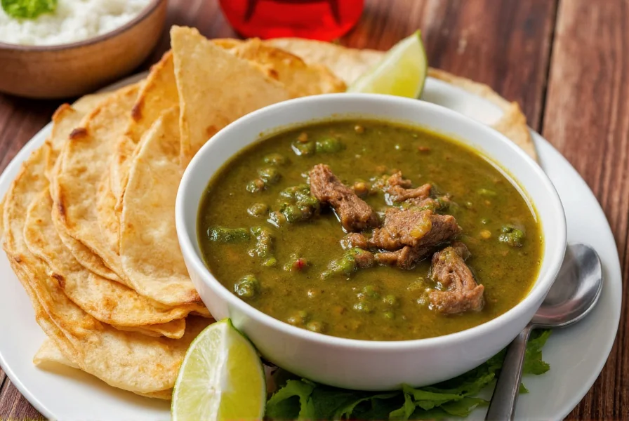 Finished bowl of green chili pork served with warm tortillas and lime wedges, showing the rich green color and tender pork pieces