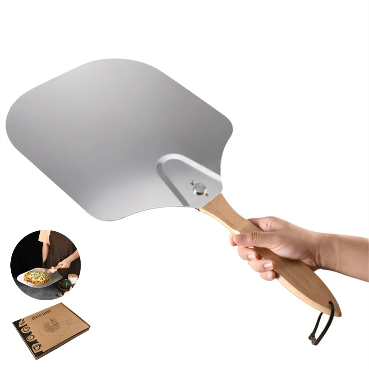 

Hot Selling Kitchen Accessories Aluminum Metal Wooden Handle Pizza Shovel Pizza Peel With Pizza Box, As picture