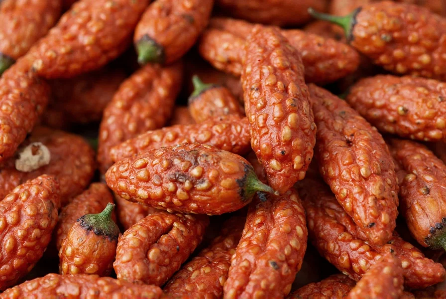Close-up view of alligator pepper pods showing textured reddish-brown exterior and seeds arranged in a star pattern
