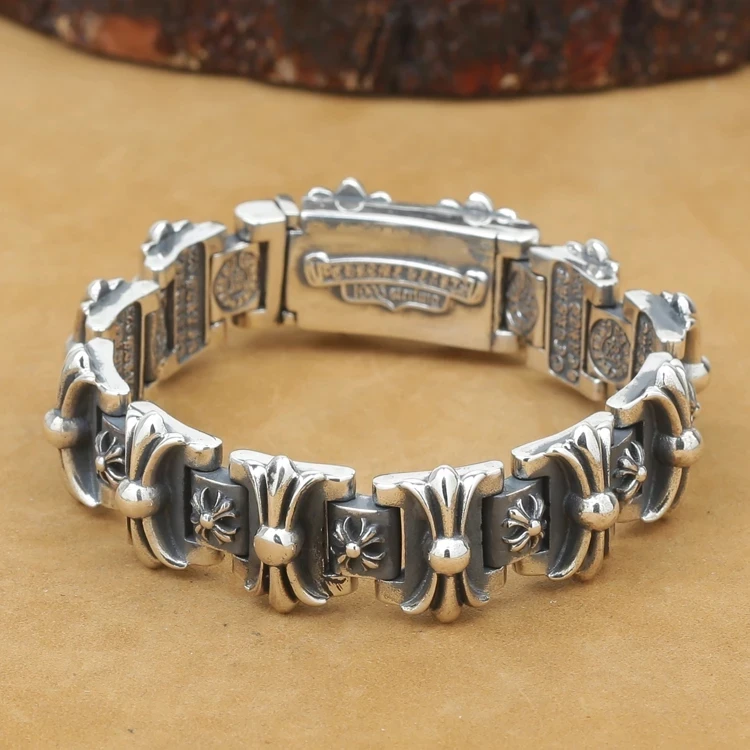 

925 sterling silver retro punk trend style cross flower horseshoe fashion popular men's bracelet Korean version