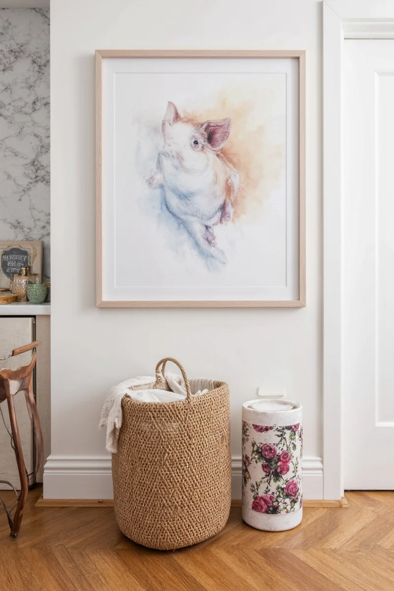 A whimsical painting of a pink pig wearing sunglasses hanging above a modern couch in a living room decorated with pet-friendly furniture