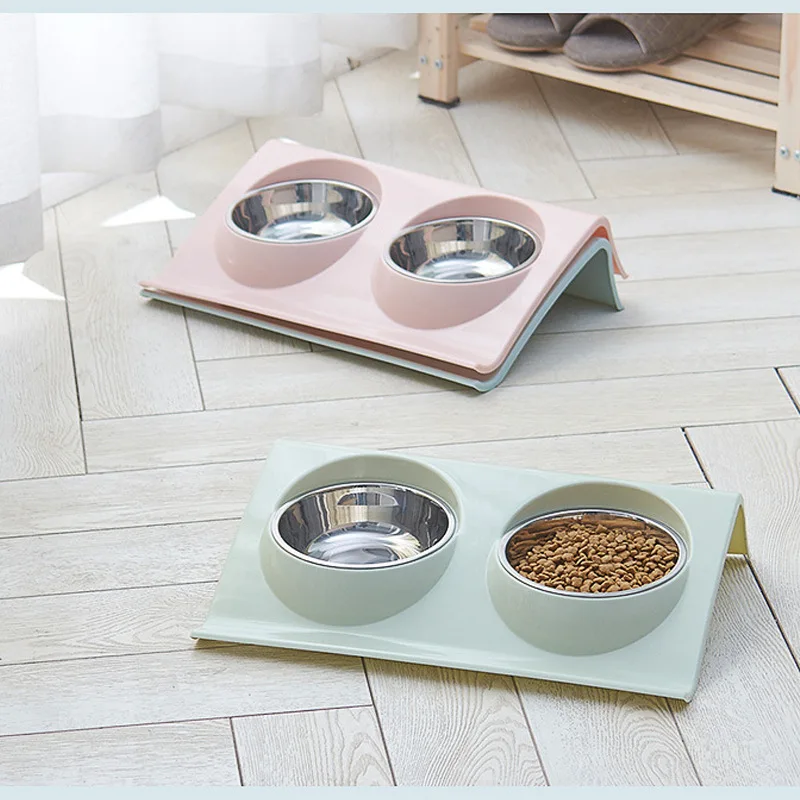 

High Quality Anti-slip Plastic Double Stainless Steel Leakproof Raised Pet Bowls Elevated Dog Bowl Raised Dog Feeder Bowls, Pink,blue,green and customized