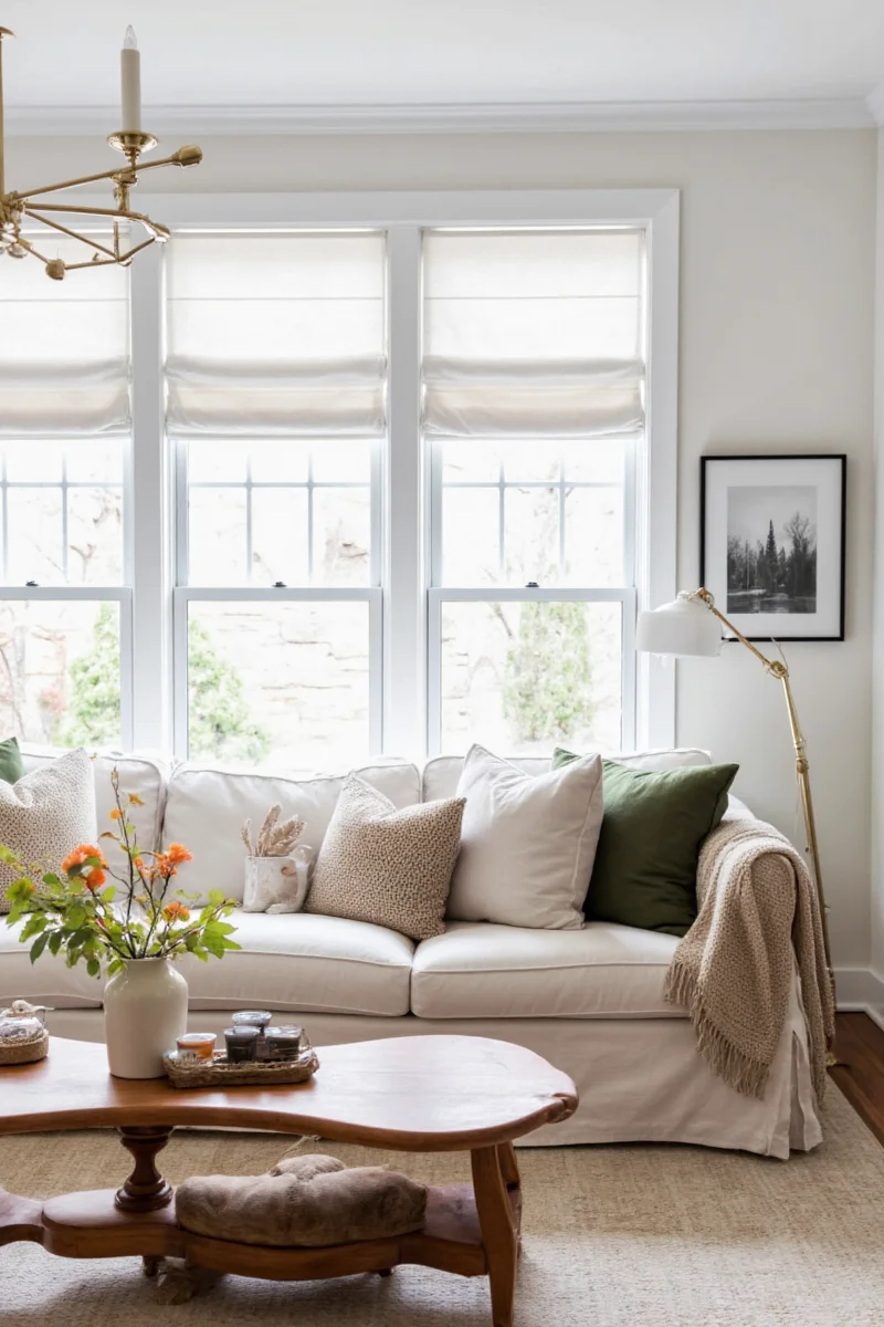 Living room with nautical prints, rope accents, and safe shelving.