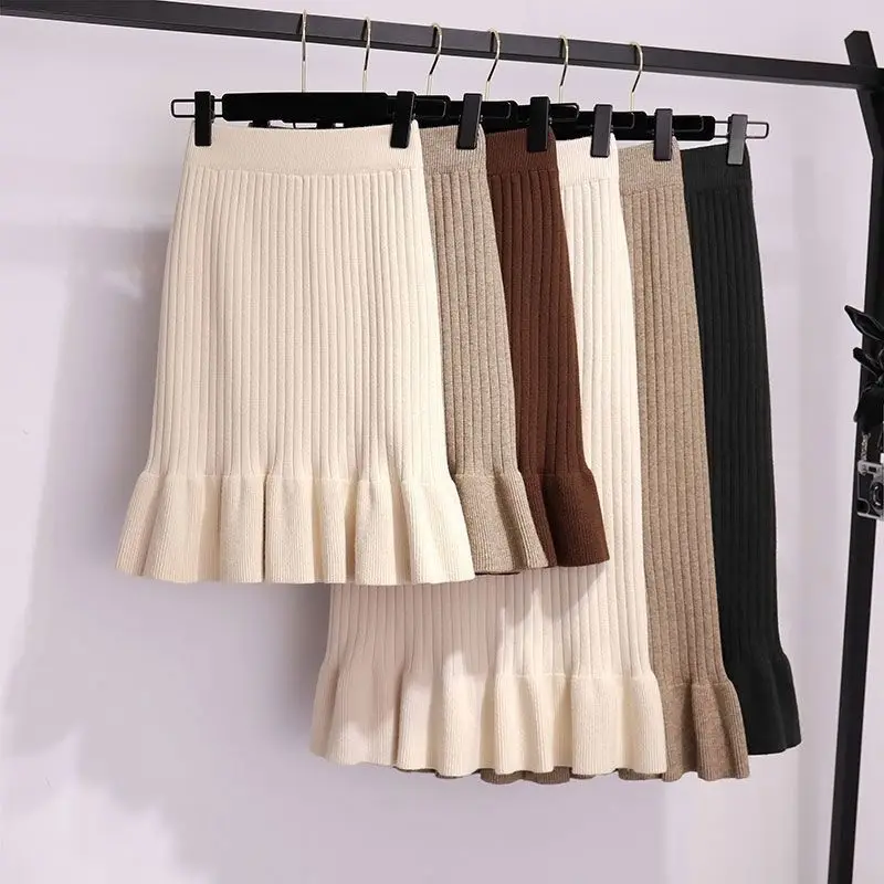 

2021 Autumn And Winter New Knitted Mid-length Skirt Ruffled Wrap Woolen Woman Bodycon Fishtail Skirt