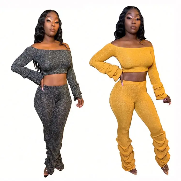 

1219M343 new style women puff sleeve off shoulder solid color outfits Clothing Fashion Women 2 Piece Set Clothing