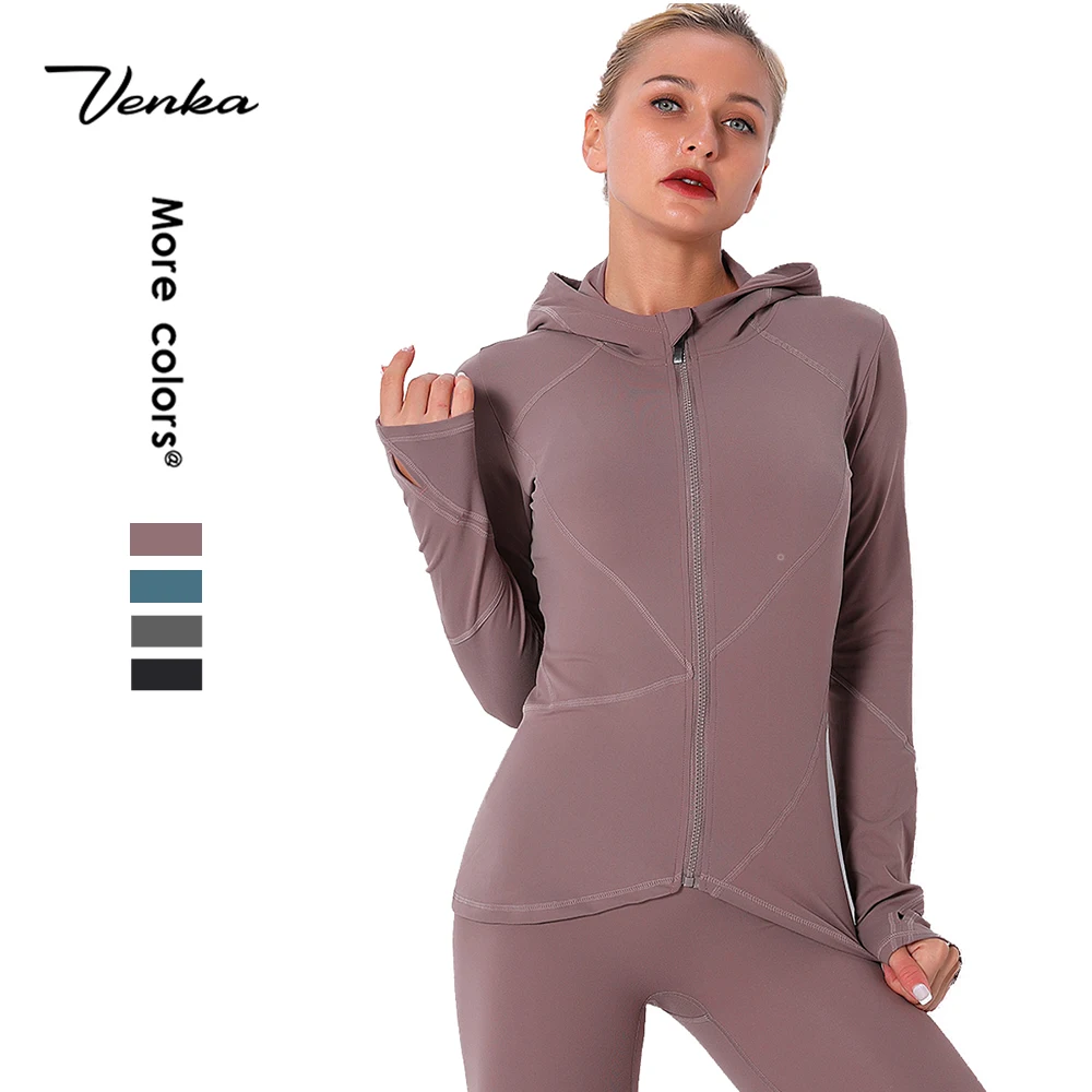 

Autumn Custom Logo Women Slim Long Sleeve Workout Full Zip Up Running Quick-drying Yoga Winter Jacket With Hoodie
