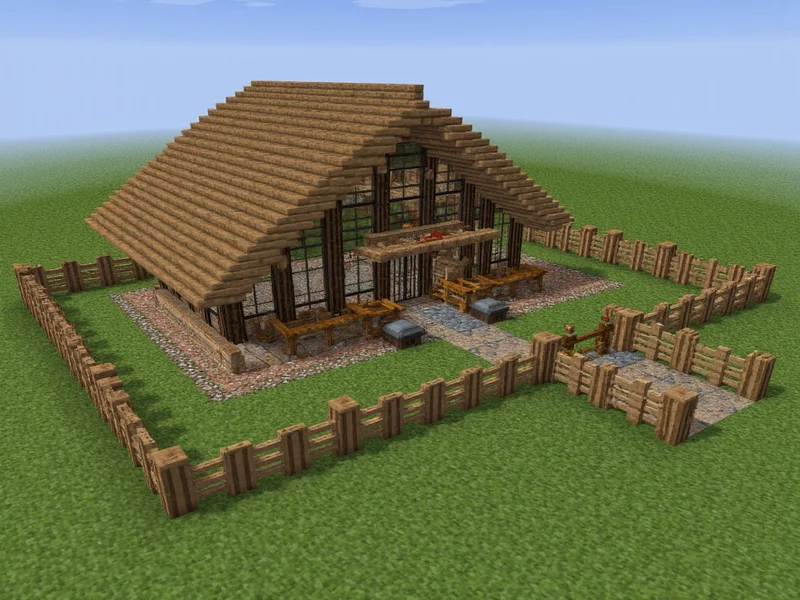 Various wooden fences surrounding a Minecraft house with connected gates