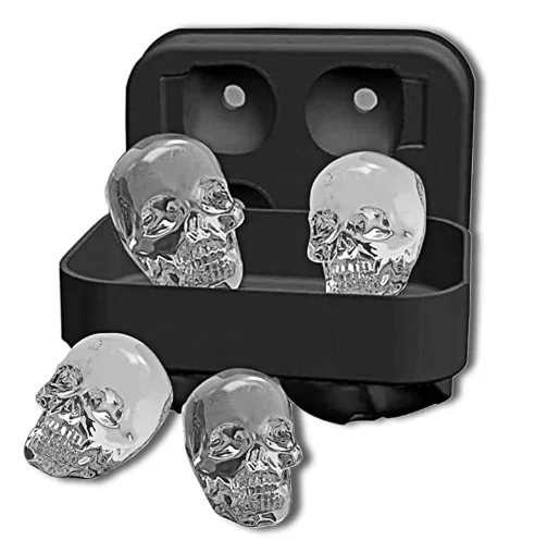 

3D Skull Shapes Black BPA Free Silicone Ice Cube Mold Tray With Lid Makes 4 Vivid Skulls for Whiskey, Customized