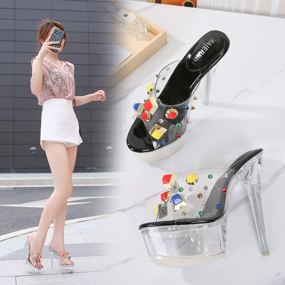 

Women's fashion high heel sandals Roman style thin heel waterproof platform super high heel open toe color rivet shoes