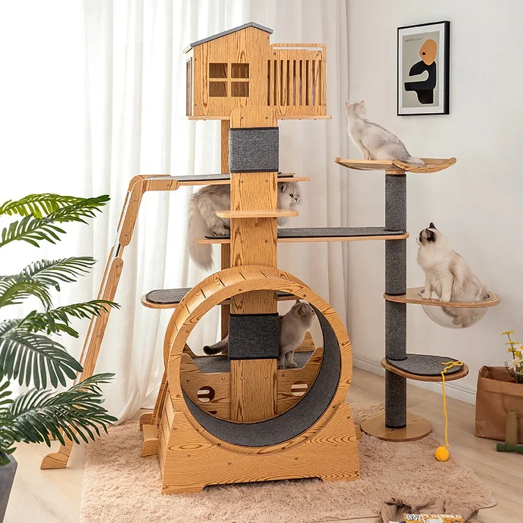 

Manufacturer New Design High Quality Comfortable Short Plush Cat House Large Cat tree, Wooden color