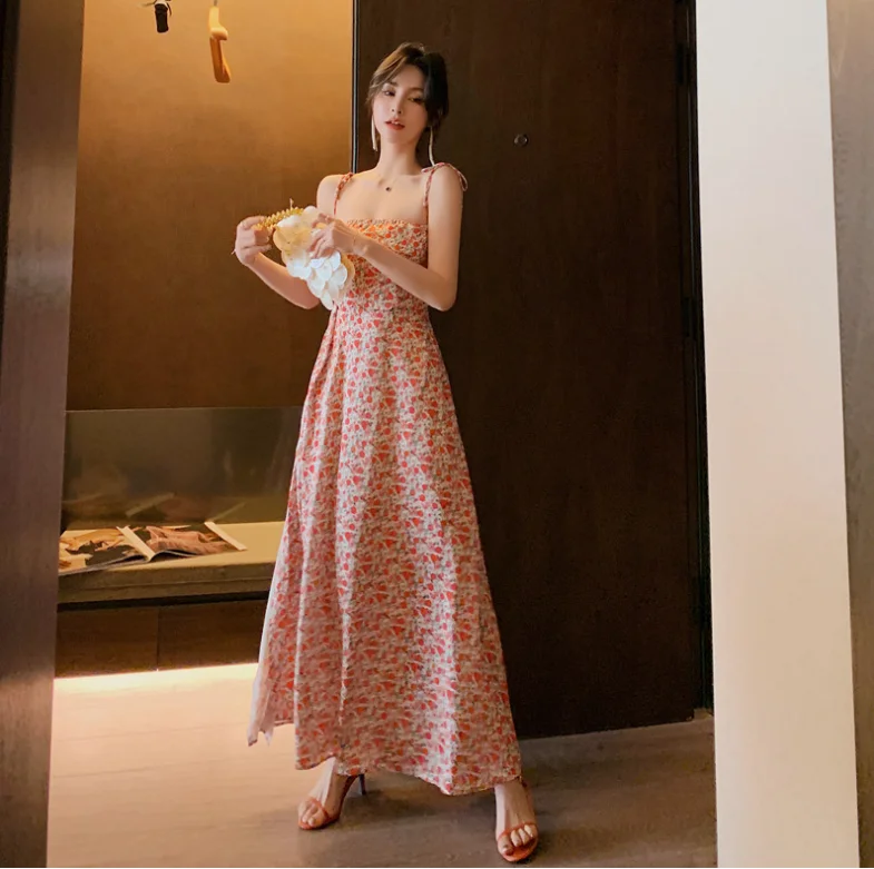 Holiday Women Floral Maxi Dress Backless Beach Dress Sexy Casual Long Printed Dresses