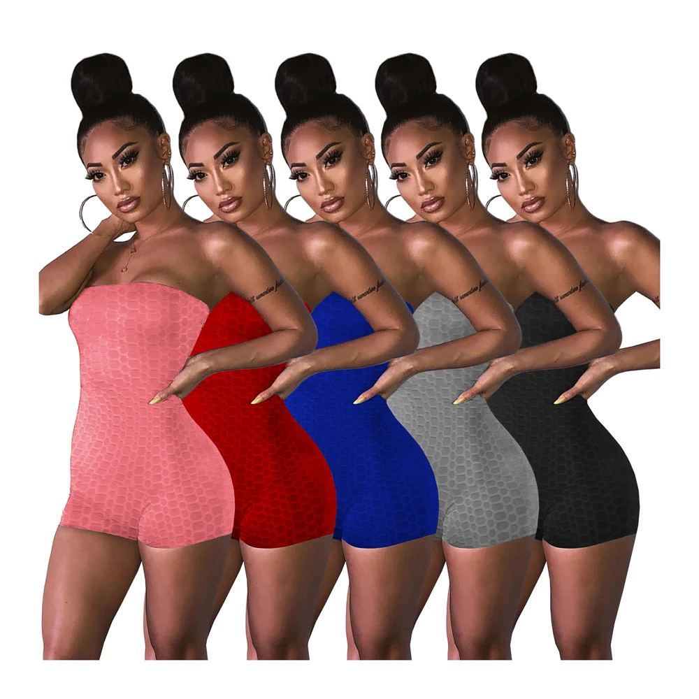 

Summer Hot sell 2021 sexy women off shoulder romper shorts strapless yoga bodycon sport one piece jumpsuit, 5 colors