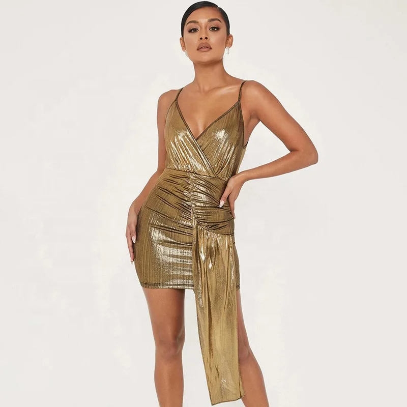 

B24218A V-neck Sexy Slim women dress, Gold, blue
