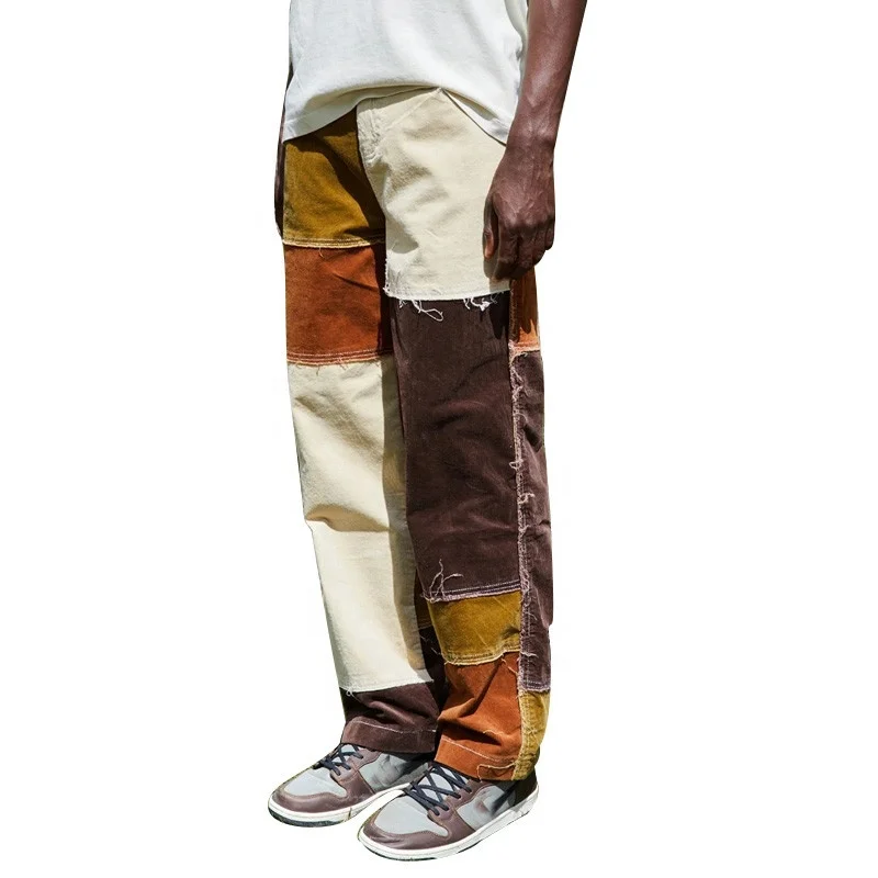 

Men Patchwork Pants High Waist Straight Denim Jeans, Blue/brown