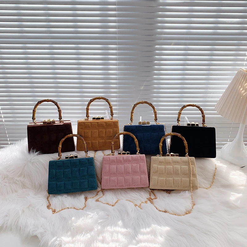 

2022 new leather fleece ladies evening bag square bamboo handbag shoulder bag, White pink red