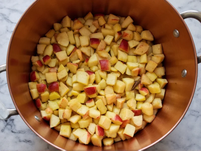 Chopped apples and spices in copper pot for cider making