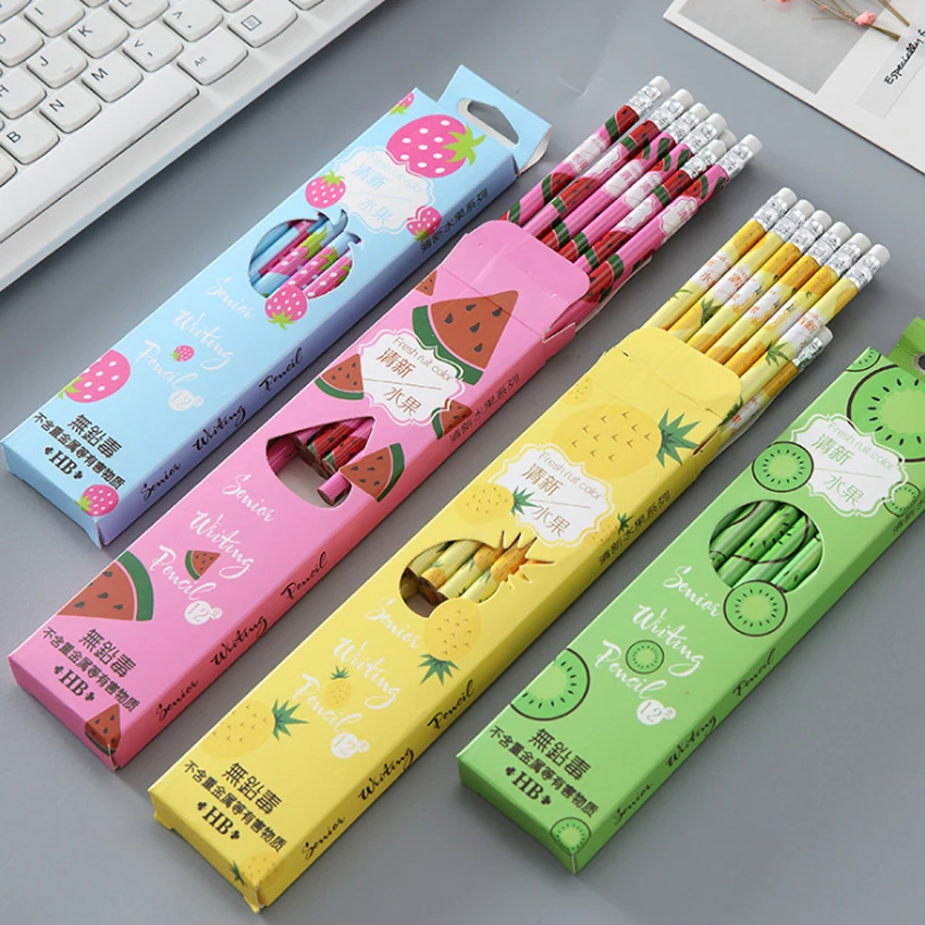 

12pcs/lot Cartoon Fresh Fruit HB Rubber Head wooden pencils with eraser painting pens for kids