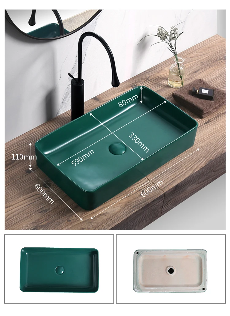 Morden style ceramic square countertop art basin green color rectangular shape hand washbasin bathroom sink manufacture