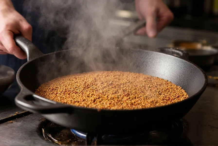 Chef toasting cumin seeds in a cast iron skillet with visible steam rising from the warming spices