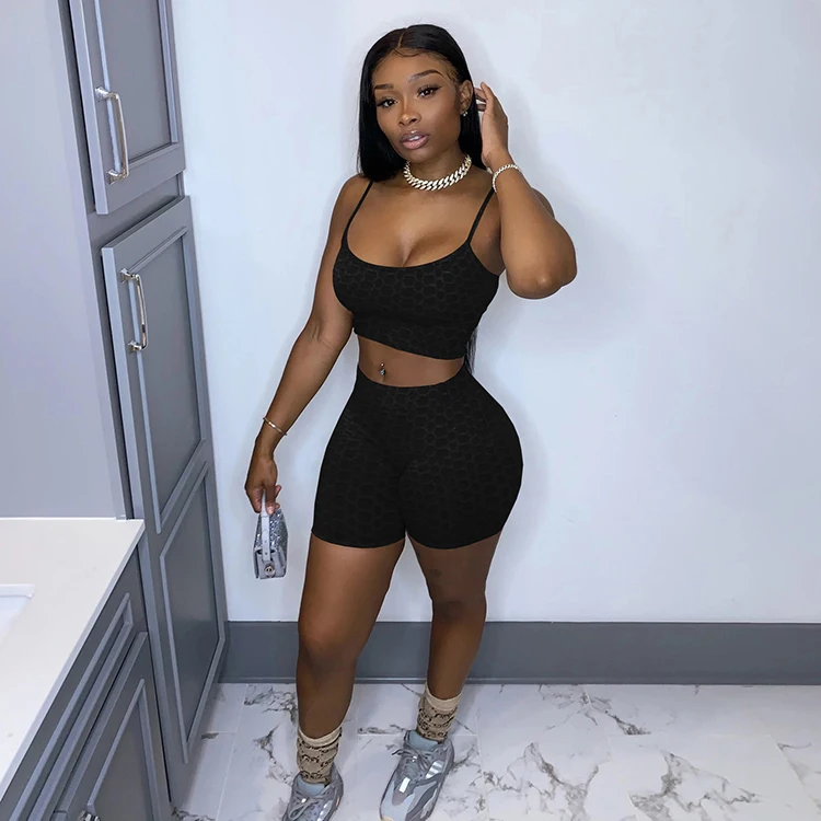 

2021 Summer Fashion Solid Color Sleeveless Cropped Top Elasticized 2 Piece Short Set Womens Sportswear Outfits, Multi colors