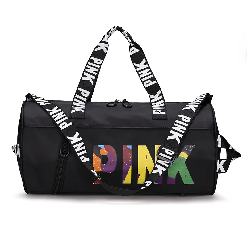 

FREE SHIPPING custom fashion logo sport gym backpack waterproof Cross body travel duffel bag Pink zipper Letter travel bag, As show