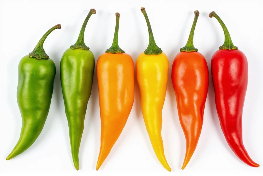 Side-by-side comparison of cayenne pepper varieties showing color variations from green to red on Scoville scale