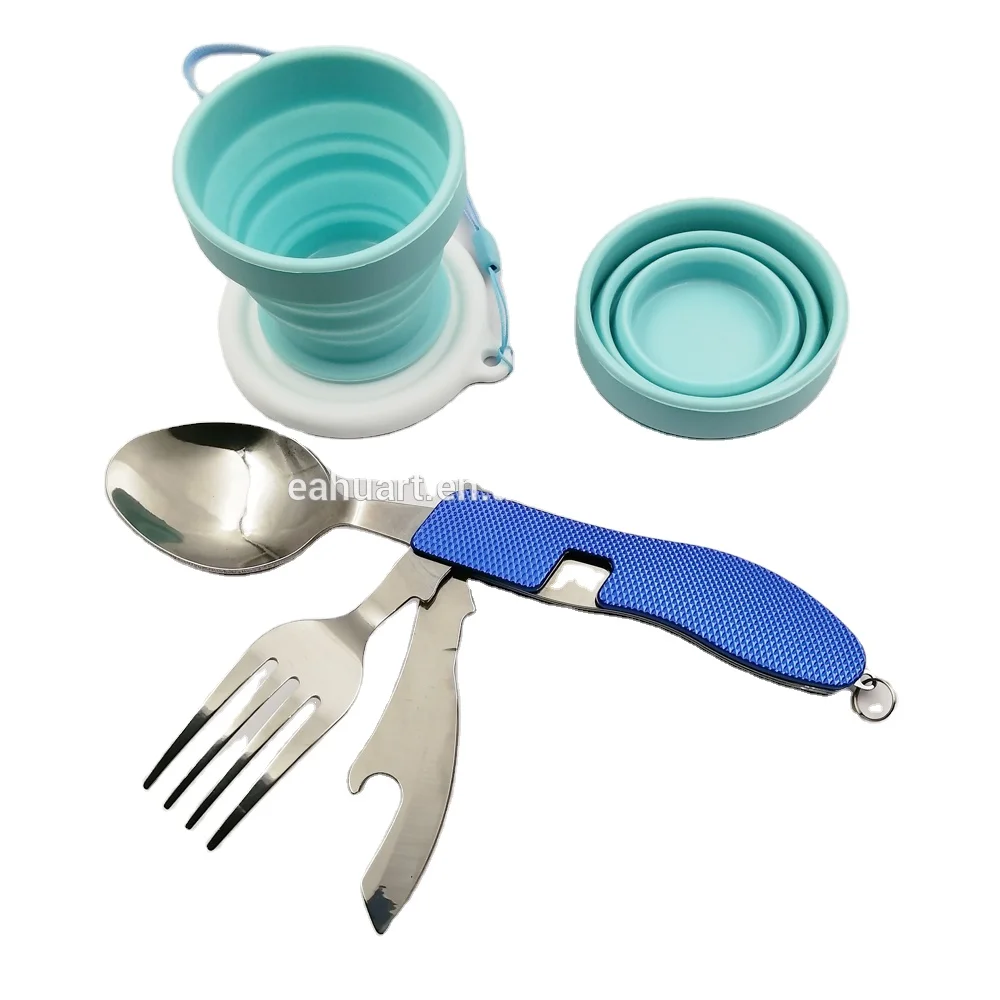 

Customized camping tableware travel stainless steel cutlery set with Silicone folding cup, Blue green red black