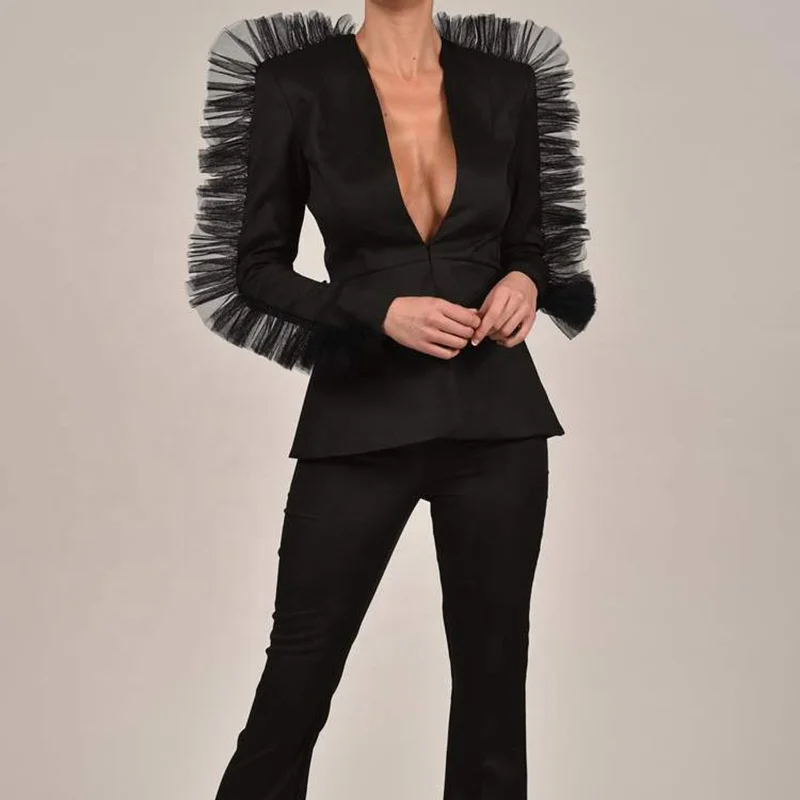

YS-FD8369 Ins fashion women long sleeve mesh design high waisted shorts women blazer two piece set, As picture shows or customized color