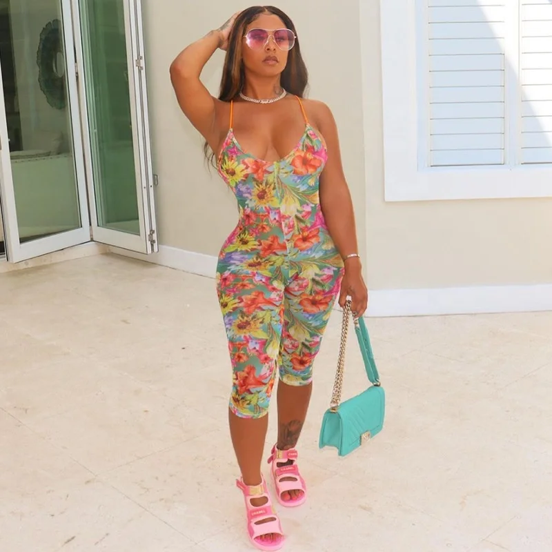 

2021 Summer Backless Sexy Flower Print Halter One Piece Shorts Jumpsuit For Women