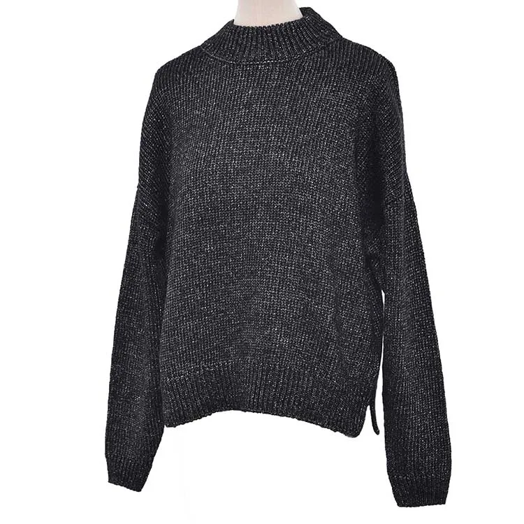 

Ladies' crew neck black melange Knitted Sweater Drop shoulder Loose Casual Jumpers