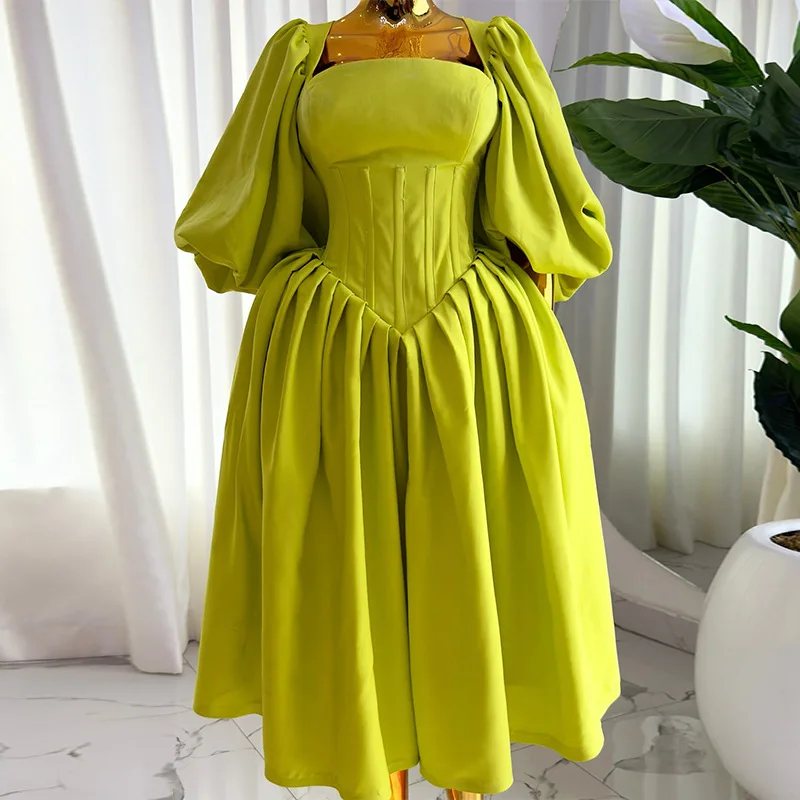 Autumn New Sweet Fresh square Collar Waist Strap With Lantern Sleeve A-line Dress Long Skirt