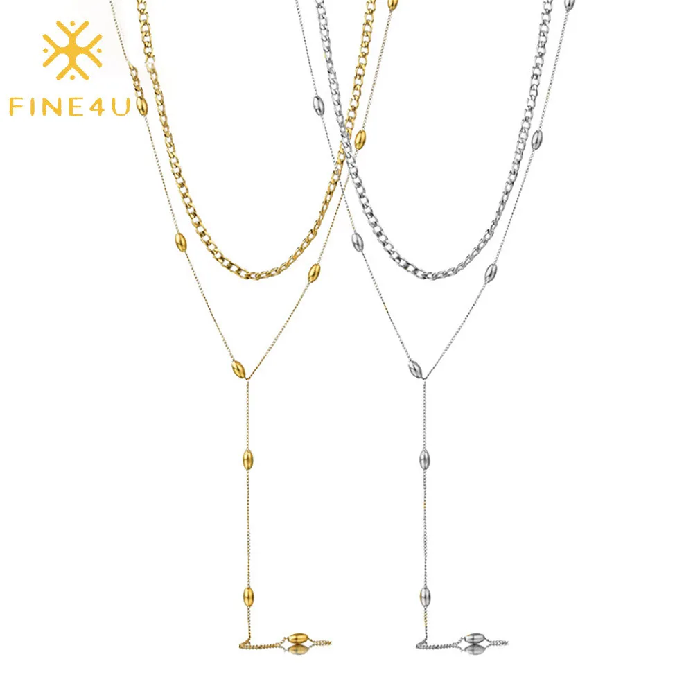 

Wholesale women fashion jewelry stainless steel multilayered long beads sweater Y-chain gold double layered necklace, Steel/gold