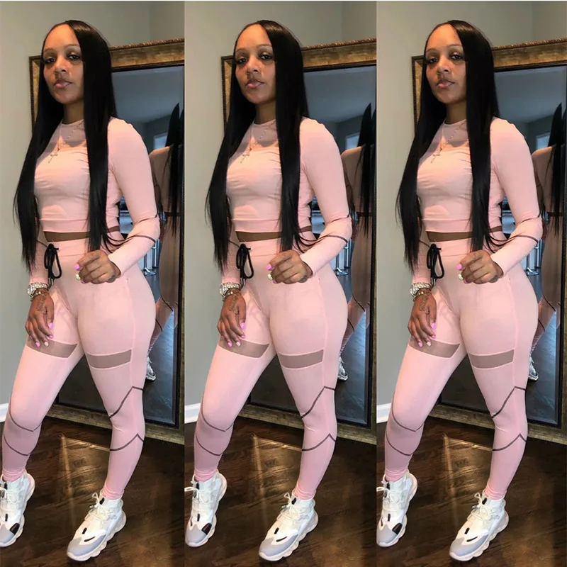 

New Style Solid Color Mesh Spliced Leisure Tracksuit 2021 Women Two Piece Outfits Set, Picture color