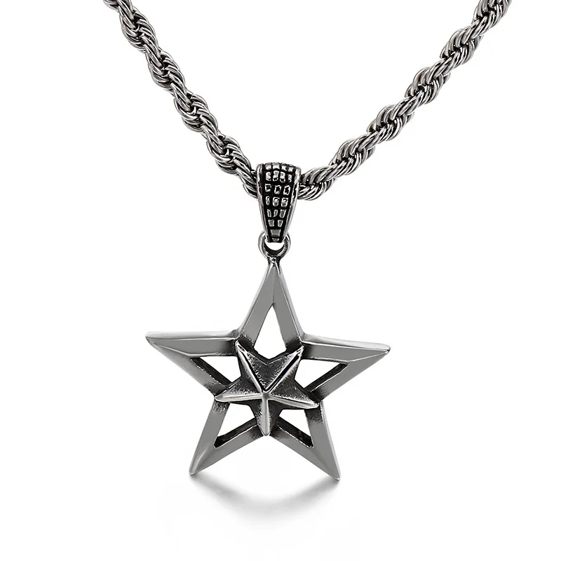 

Vintage men stainless steel pentagram pendant five-pointed star necklace