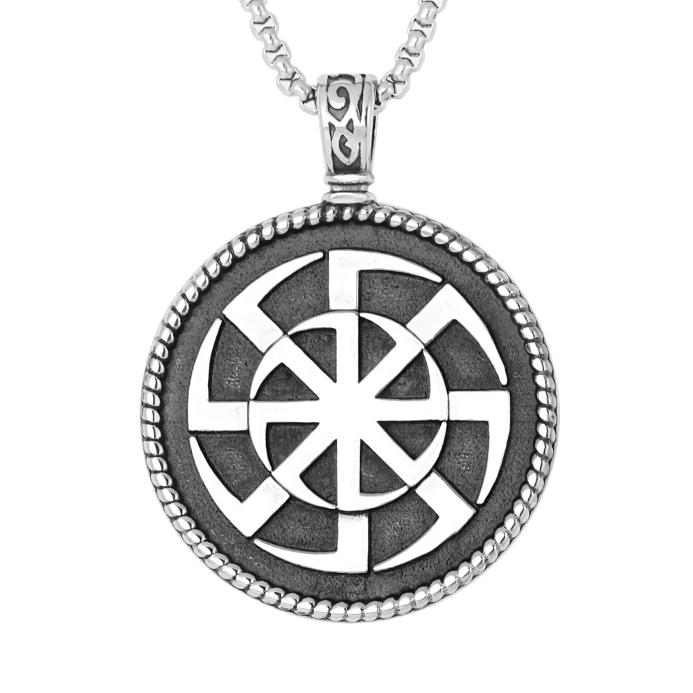 

Non Tarnish Round Slavic Pagan Kolovrat Necklace Pingente Vintage Stainless Steel Amulet Charm Pendant
