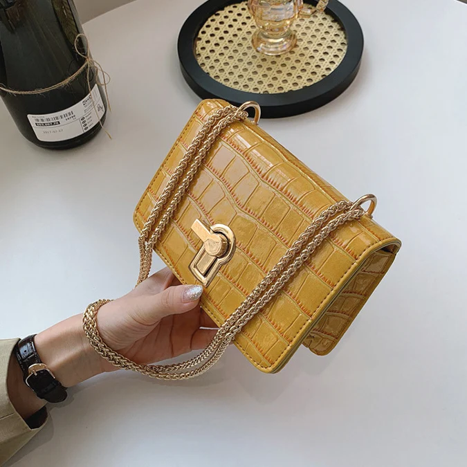 

2021 new fashion luxury Lock pu leather bags women shoulder crossbody handbag girls stone mini bag with chain, 7 colors