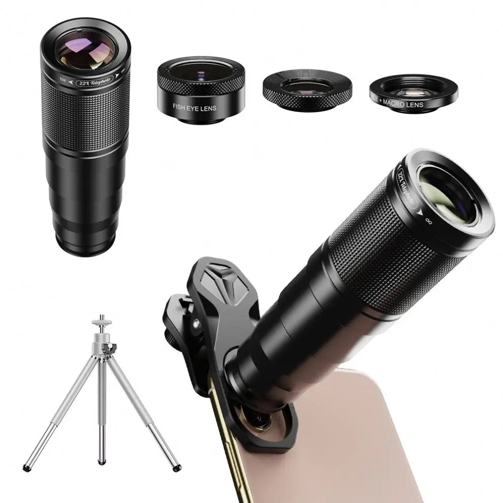 

Portable 4K 4 In 1 Lens Kit 22X Zoom Cellphone Camera Telescope Lens Wide Angle Macro smartphone Fisheye Lens Kit, Black