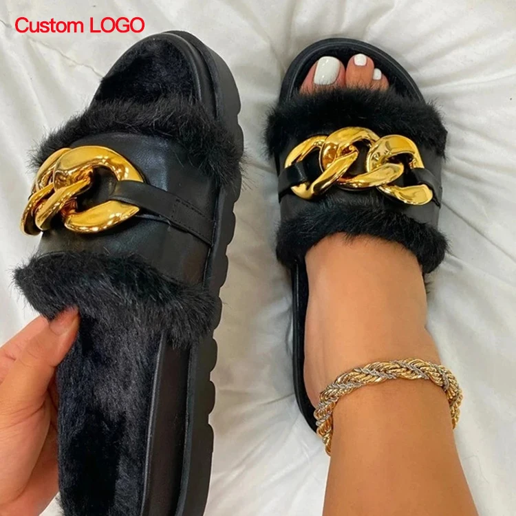 

Custom logo winter thick bottom metal furry slippers female slides luxury fashion faux house slippers