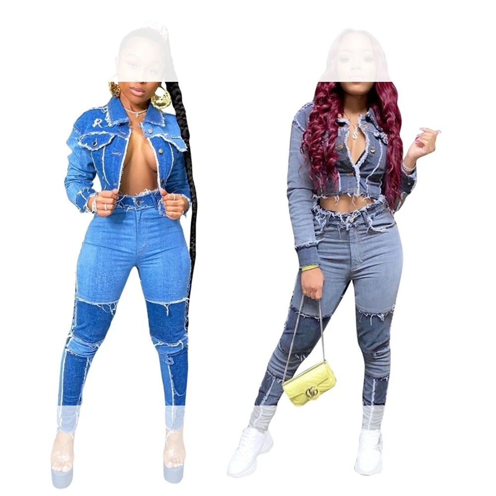 

Patchwork Denim Jeans 2 Pieces Sets Women Hot Sale Fashion Women Two Pieces Set