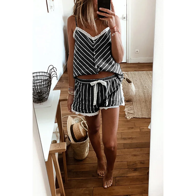 

Wholesale 2021 hot sale sexy cotton pinstripe lace suspender pajamas set for ladies