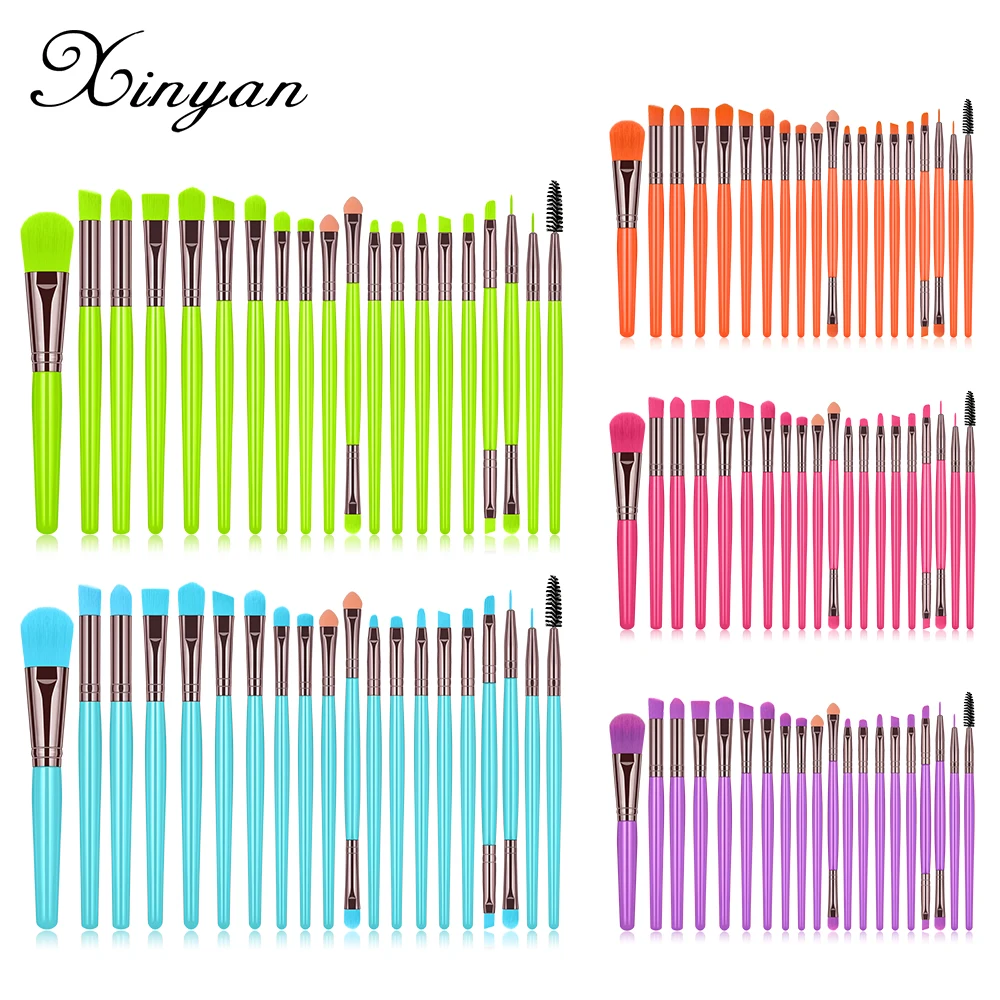 

XINYAN Latest custom bionic fiber 20pcs fluorescence glitter vegan plastic handle double ended makeup brush set