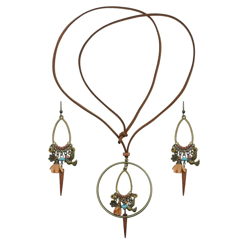 

New Bohemian Vintage Tassel Women Jewelry Set Earrings Necklace Ethnic Style Flower Round Sweater Chain, Brown