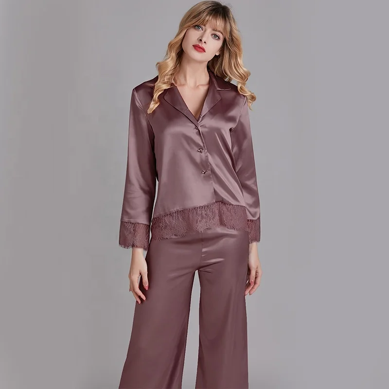 

Lady solid color long satin silky pyjama set with lace