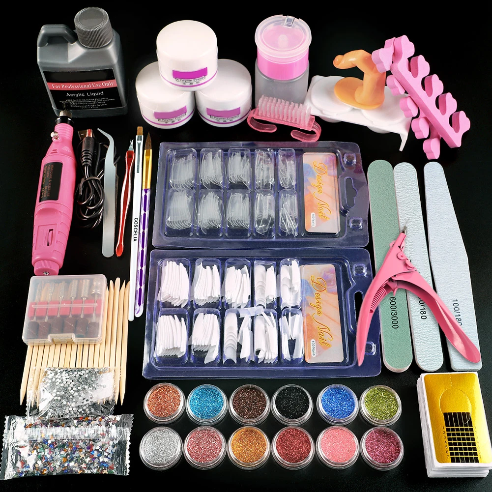 

Private Label Nail Art Tool Kit Crystal Acrylic Gel LED UV Gel With Top Coat USB Drill Machine Stainless Tweezer Nail Kit, 1 colors nail kit