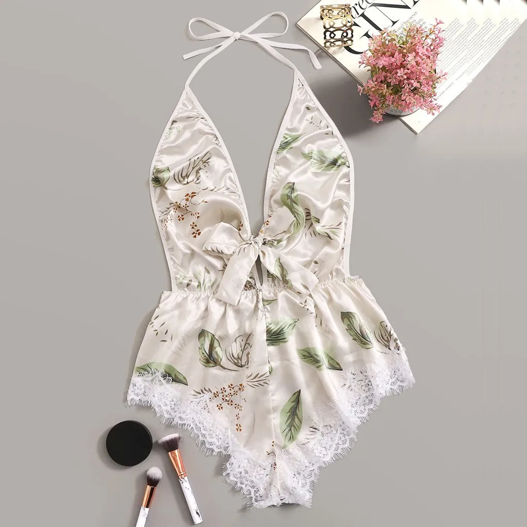 

Silk Jumpsuit Pyjamas Women Pajamas Sleep Wear Women Printing Lace Stain Bow Lingerie Bodysuit Backless Pajamas Silk Jumpsuit