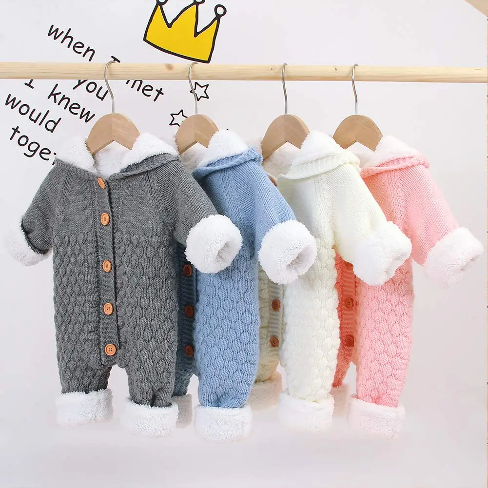 

100% Organic Cotton Baby Hooded Knitted Rompers Newborn Girls' Boys' Onesies Warm Sweater Jumpsuit Outfits New Born Baby Clothes, Accpet custom color