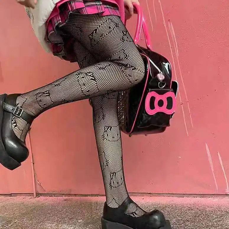 

Hot girl nightclub Hello Kitty black cut-out summer slimming thin pantyhose fishnet stockings sexy sweetheart disco jumping, Black white
