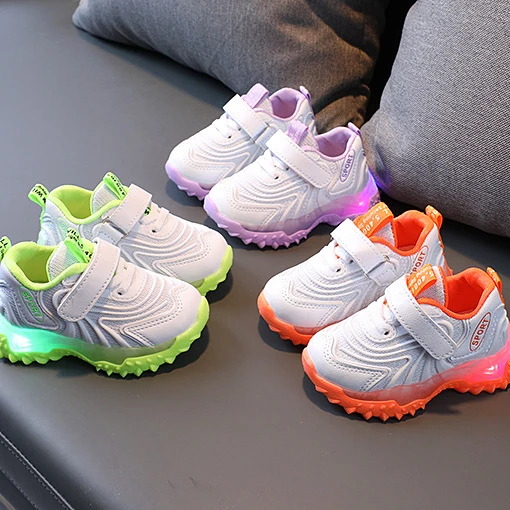 

2021 Autumn new children's sports casual shoes boys girls LED light mesh PU shoes baby sneakers, Green, orange, purple
